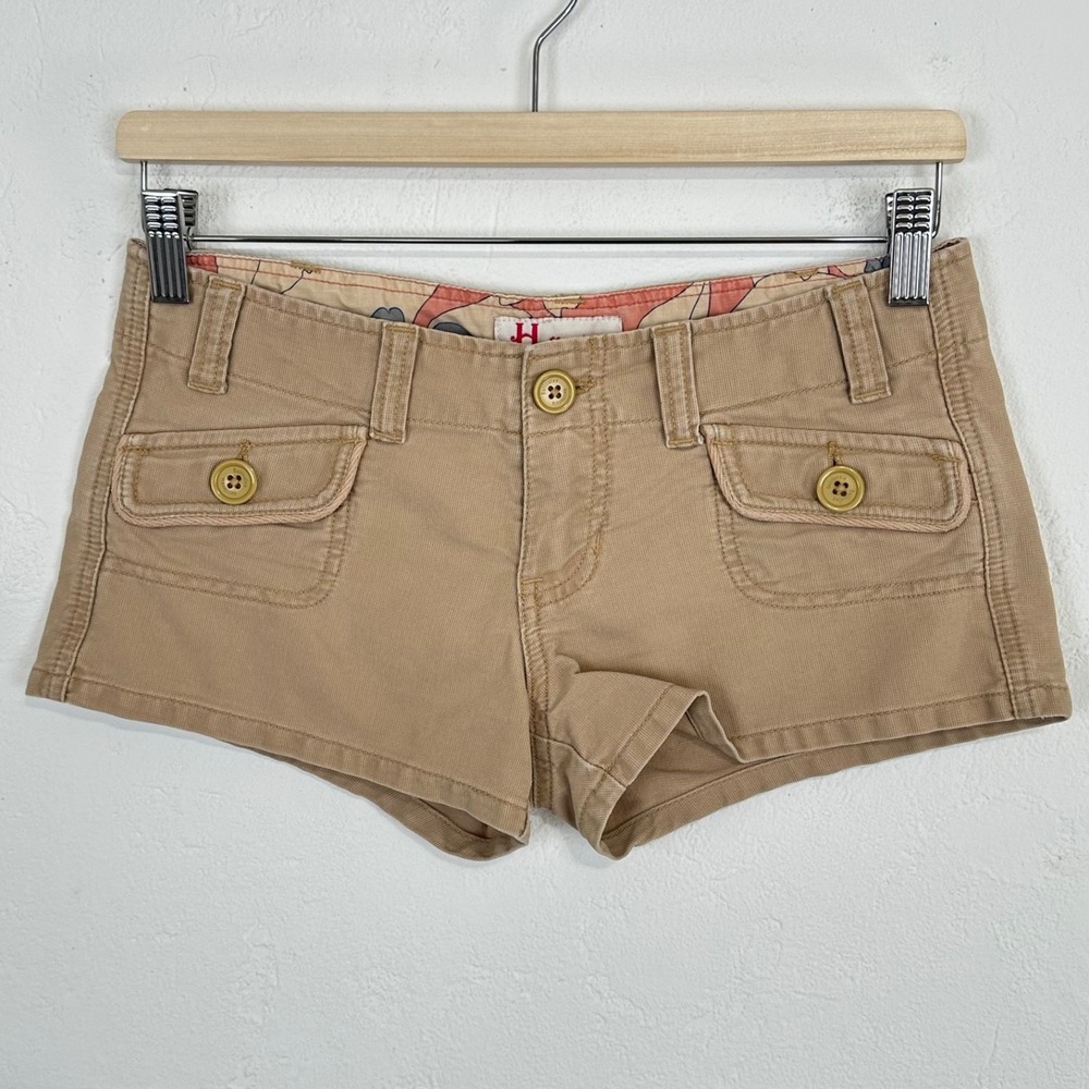 Vintage Hollister Y2K Micro Mini Shorts Size 1 Beige Low Rise Booty Logo 00s